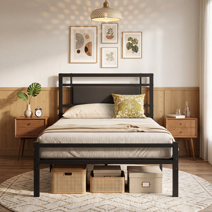 Twin Metal Bed Frame, Upholstered Headboard, Black