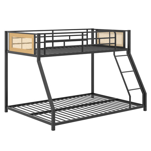 Metal Bunk Bed, Twin Over Full Size, Full Guardrail, Ramp Ladder, Black