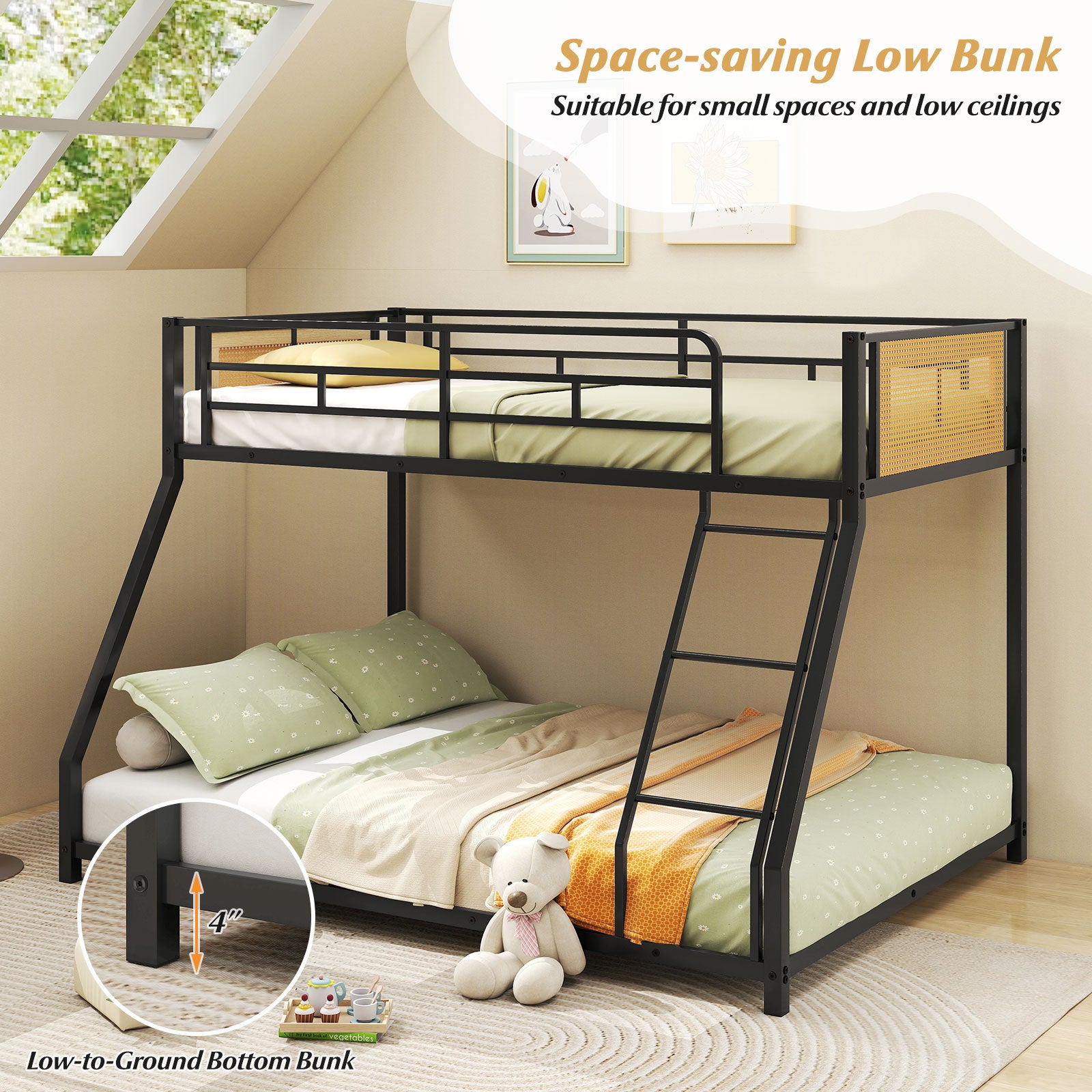 Metal Bunk Bed Twin Over Full with Full Length Safety Guardrail and Ramp Ladder, Black Toddler Beds at Gallery Canada