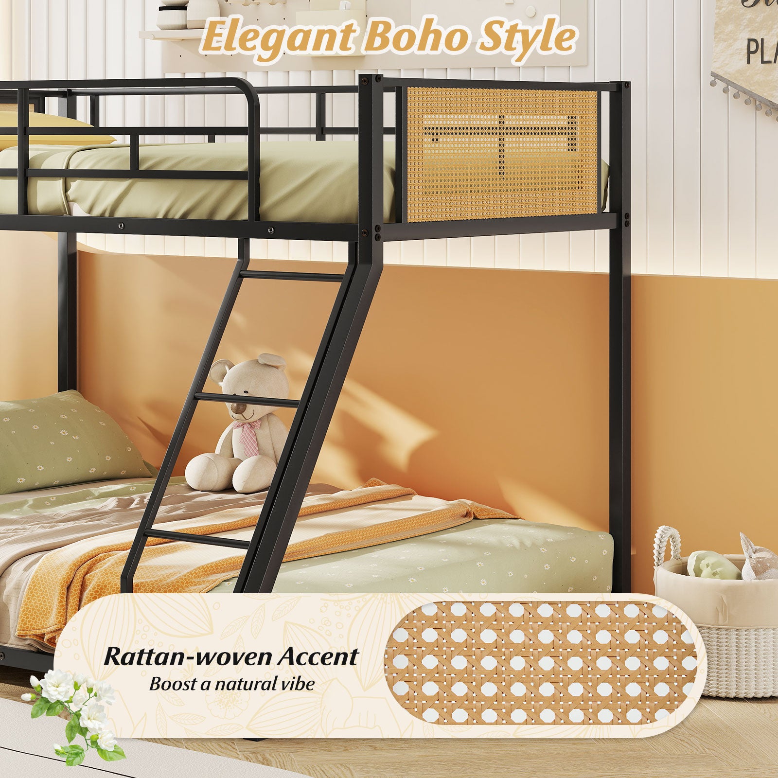 Metal Bunk Bed Twin Over Full with Full Length Safety Guardrail and Ramp Ladder, Black Toddler Beds at Gallery Canada