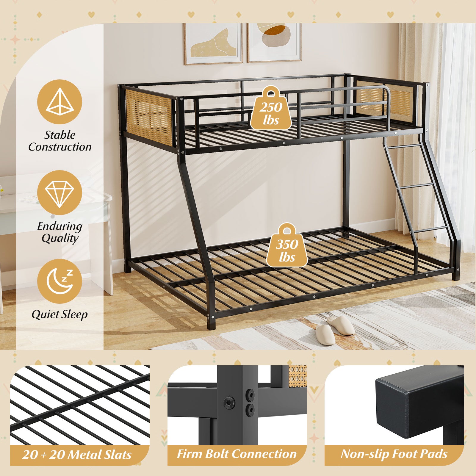 Metal Bunk Bed Twin Over Full with Full Length Safety Guardrail and Ramp Ladder, Black Toddler Beds at Gallery Canada