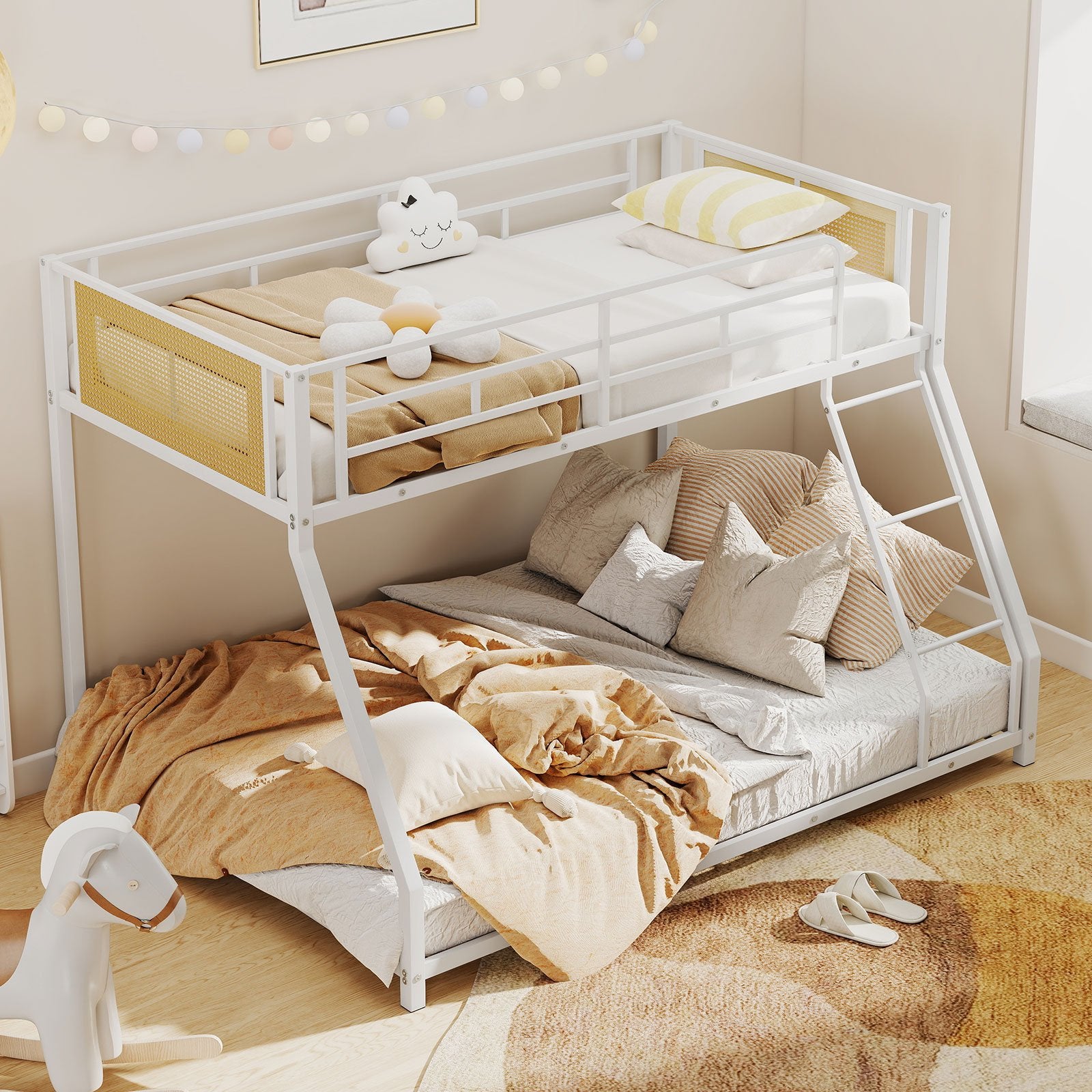 Metal Bunk Bed Twin Over Full with Full Length Safety Guardrail and Ramp Ladder, White Toddler Beds at Gallery Canada