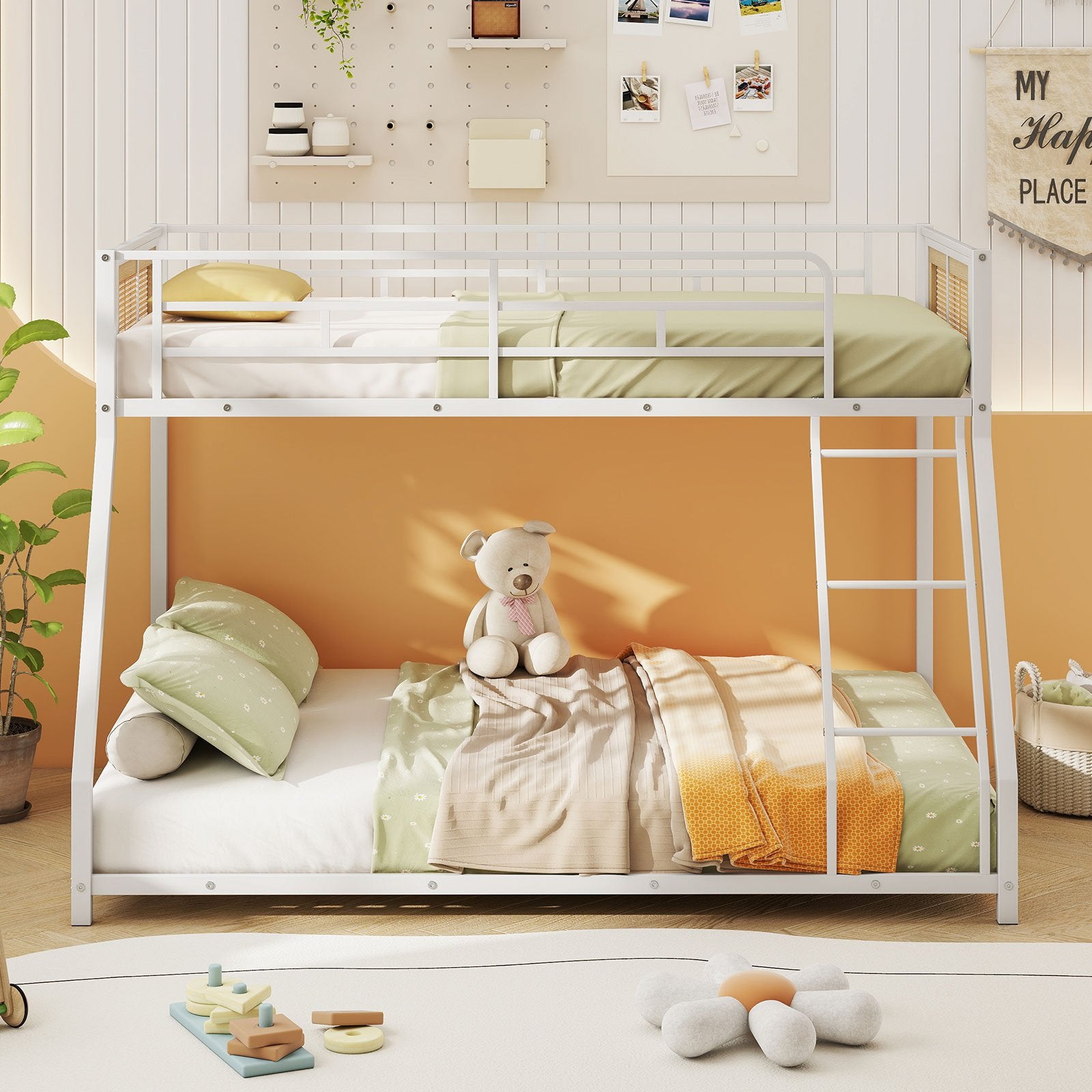 Metal Bunk Bed Twin Over Full with Full Length Safety Guardrail and Ramp Ladder, White Toddler Beds at Gallery Canada