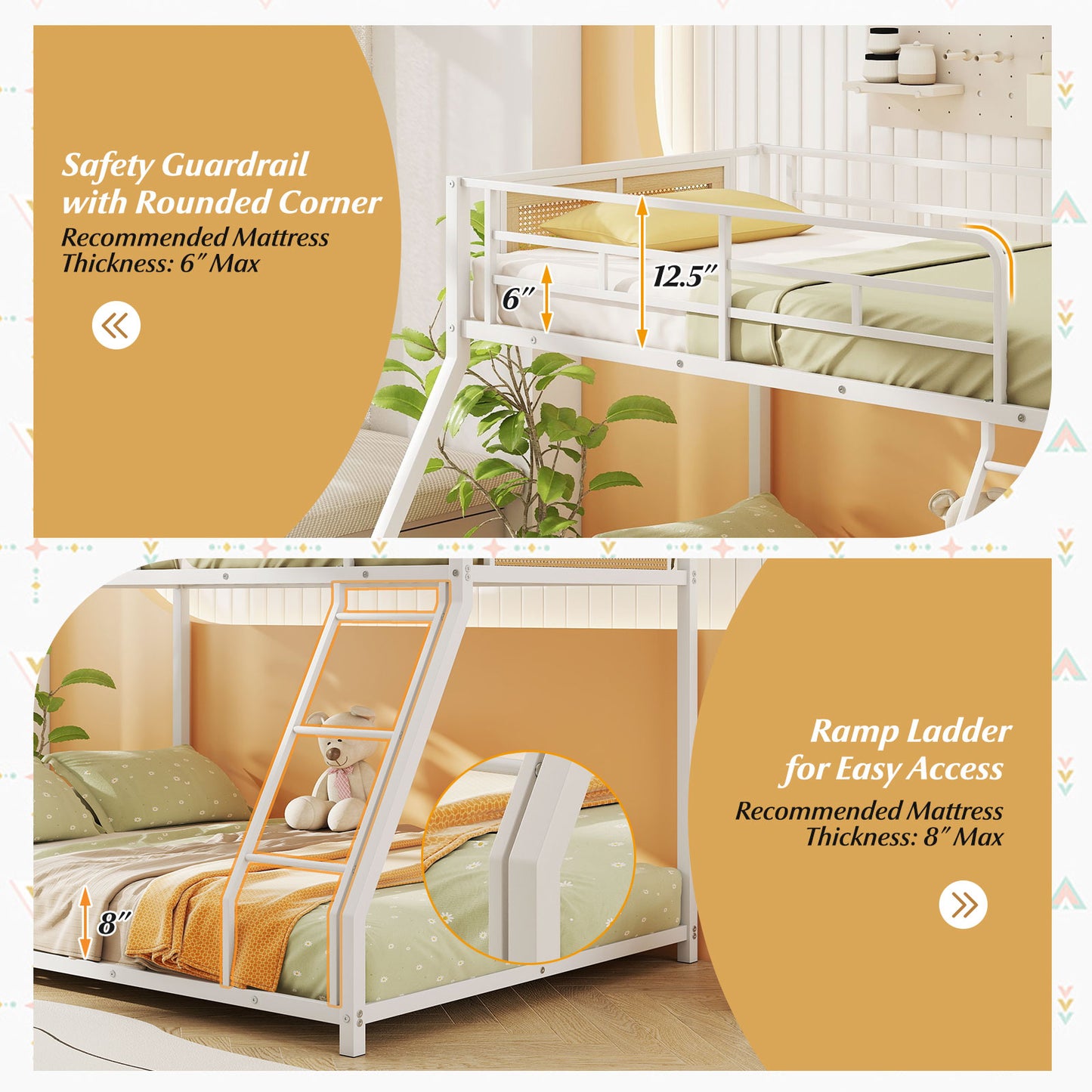 Metal Bunk Bed Twin Over Full with Full Length Safety Guardrail and Ramp Ladder, White Toddler Beds at Gallery Canada