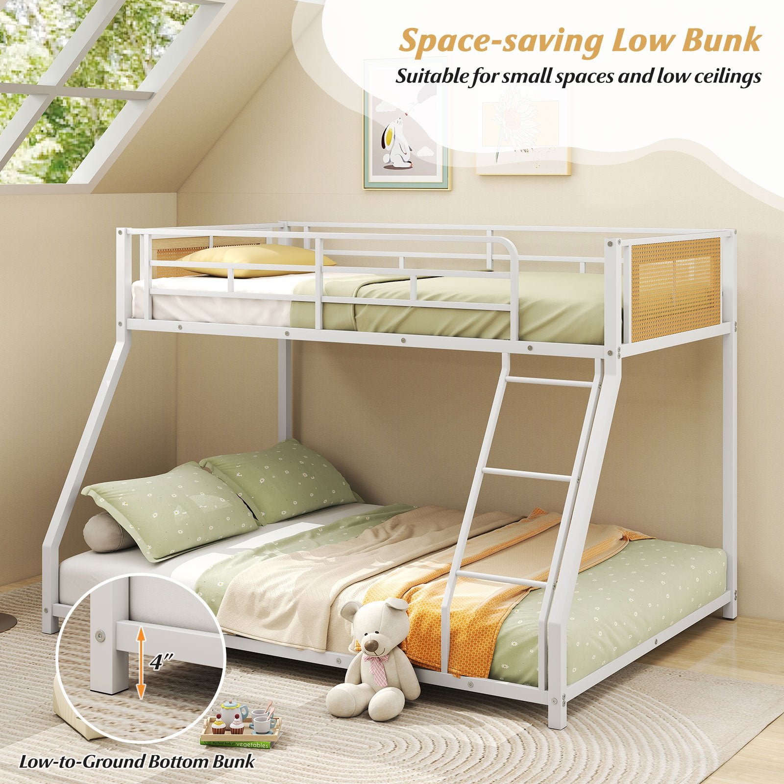 Metal Bunk Bed Twin Over Full with Full Length Safety Guardrail and Ramp Ladder, White Toddler Beds at Gallery Canada