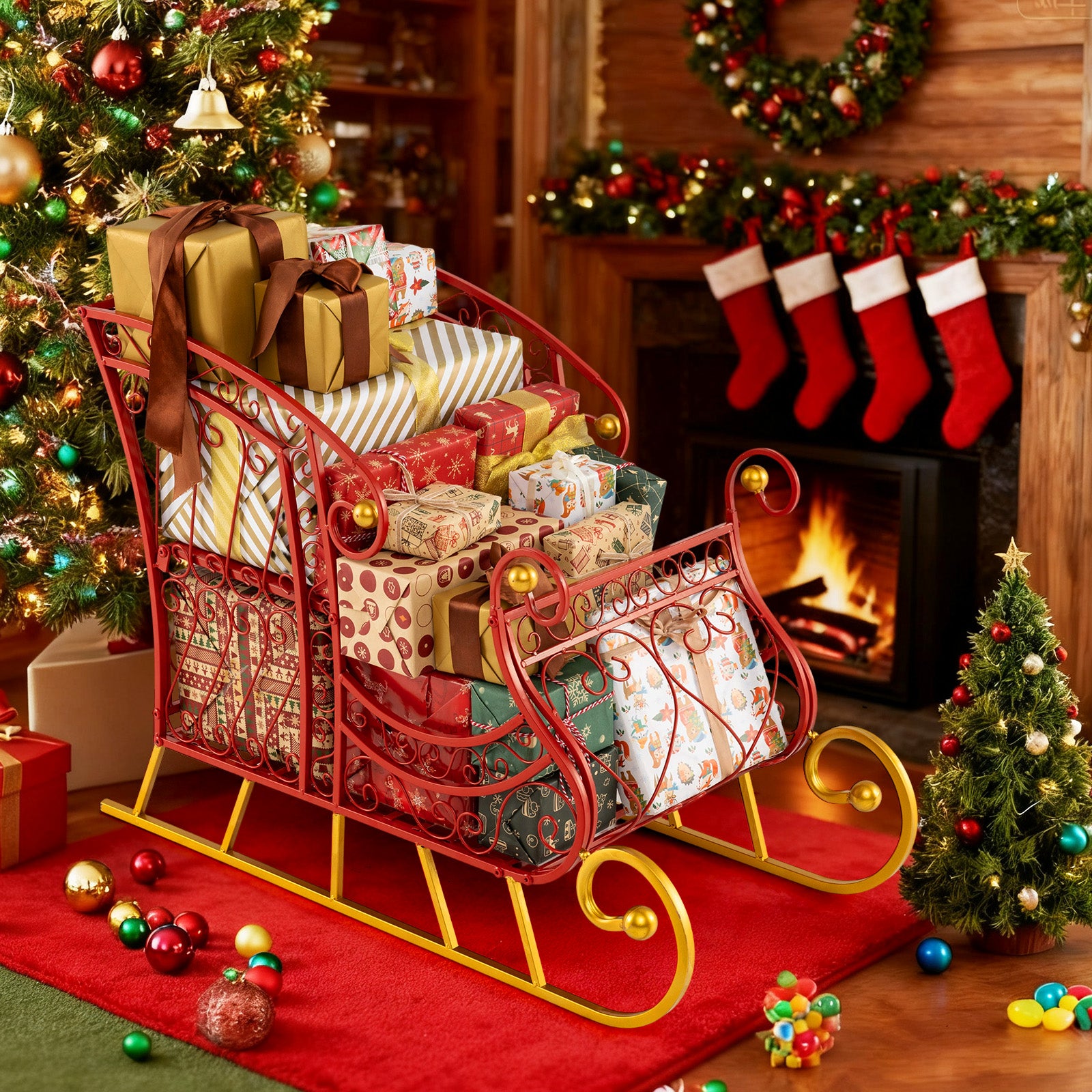 Metal Christmas Santa Sleigh Basket, 2-Tier Xmas Gift Storage Christmas Decor & Accessories at Gallery Canada