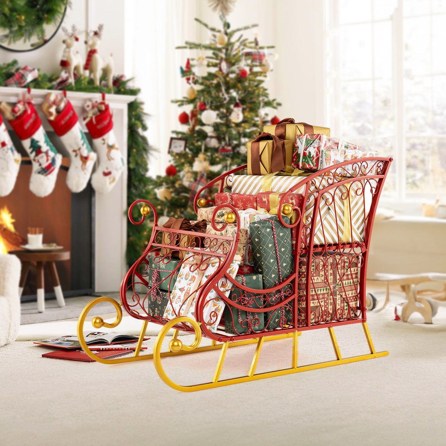 Metal Christmas Santa Sleigh Basket, 2-Tier Xmas Gift Storage Christmas Decor & Accessories at Gallery Canada