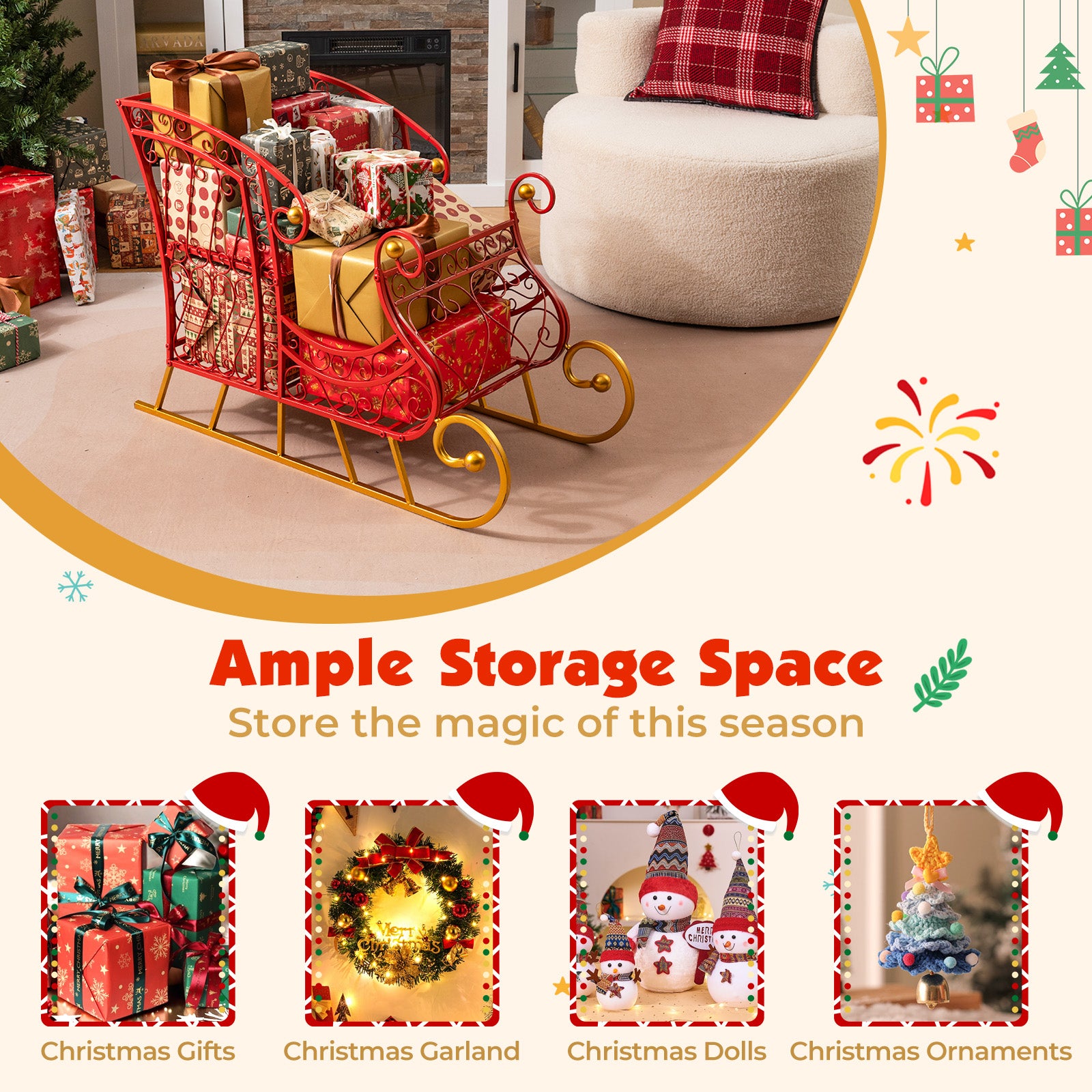 Metal Christmas Santa Sleigh Basket, 2-Tier Xmas Gift Storage Christmas Decor & Accessories at Gallery Canada