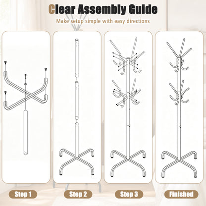 Metal Coat Rack, 16 Hooks, 4 Legs, Entryway Office Bedroom, Black