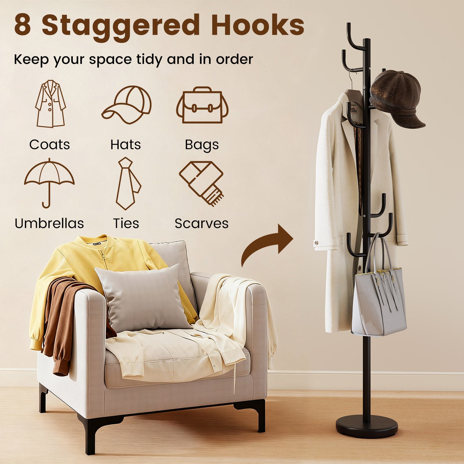 Metal Coat Rack Stand, 8 Sturdy Hooks, Metal Base, Black Coat Racks & Hall Trees at Gallery Canada