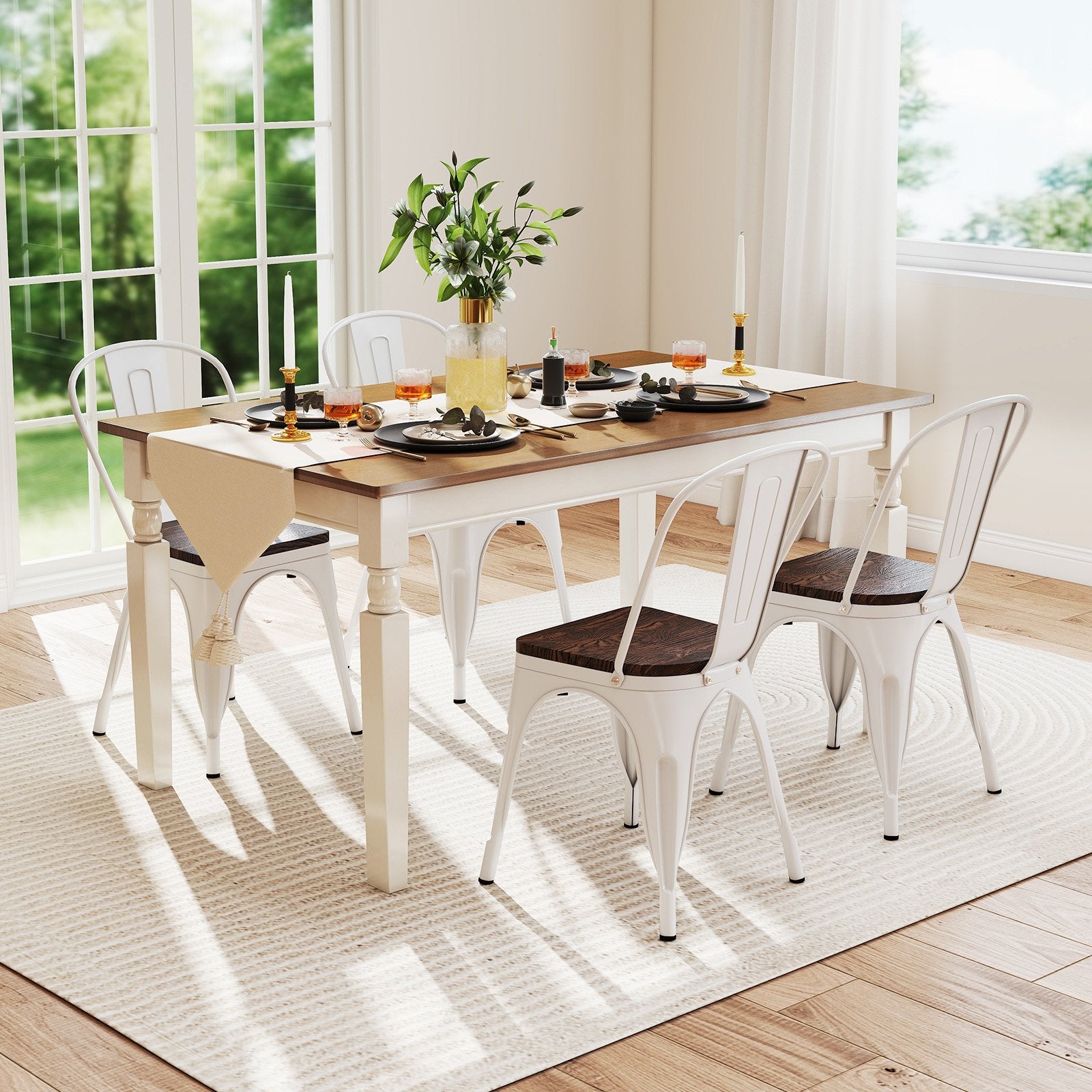 Metal Dining Chairs Set of 4 Stackable Kitchen Side Chairs with Wood Seat and Detachable High Backrest, White Dining Chairs at Gallery Canada