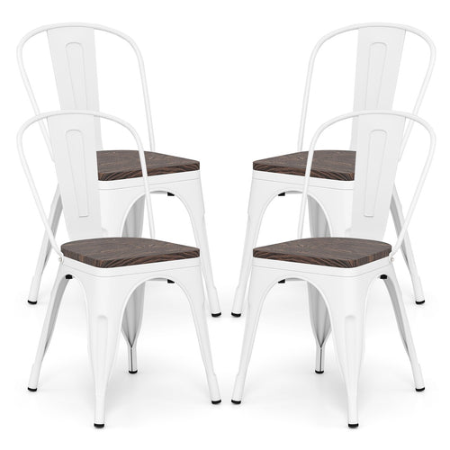 Metal Dining Chairs Set of 4 Stackable Kitchen Side Chairs with Wood Seat and Detachable High Backrest, White