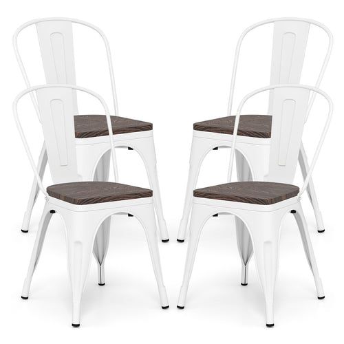 Metal Dining Chairs, Set of 4, Stackable, Wood Seat, White