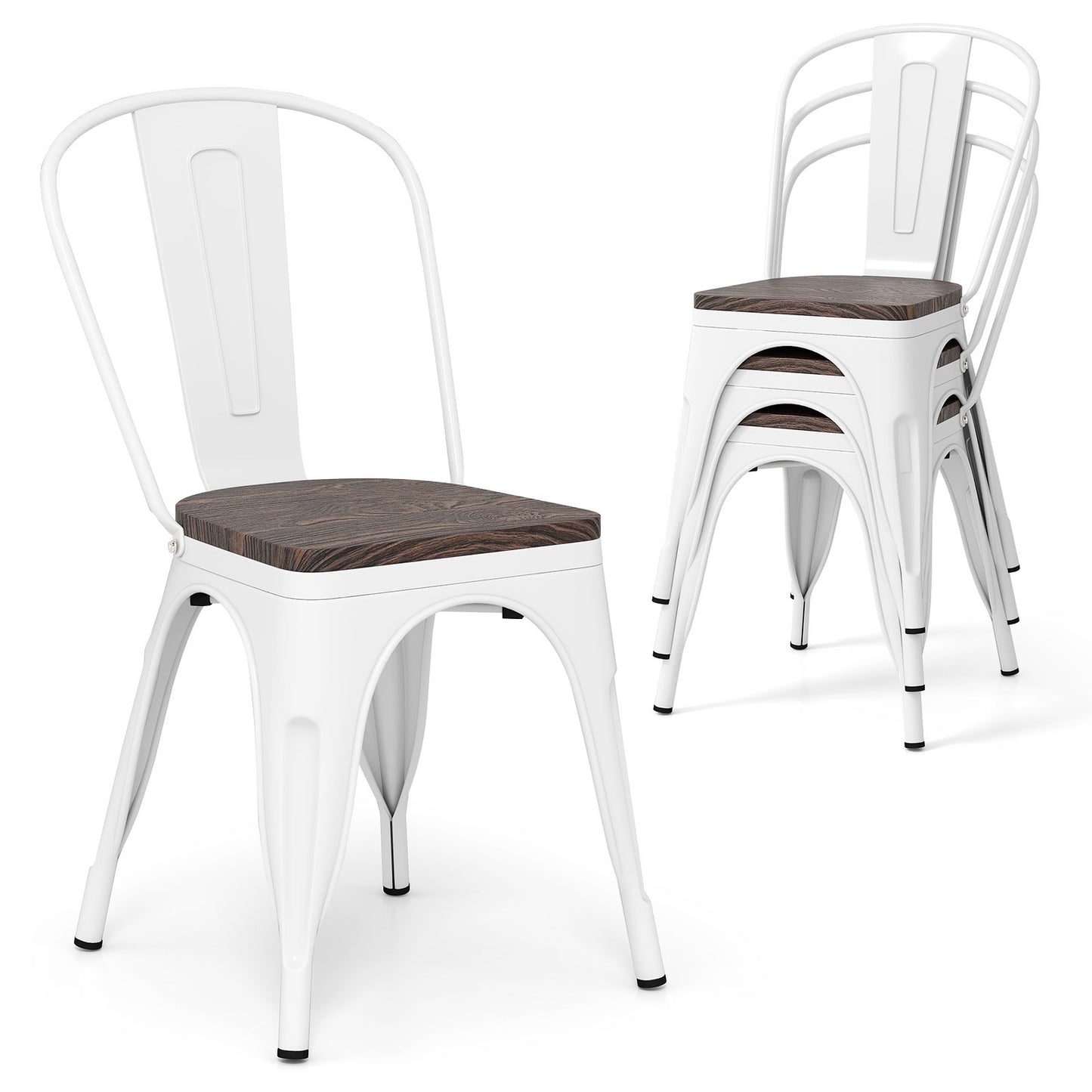 Metal Dining Chairs Set of 4 Stackable Kitchen Side Chairs with Wood Seat and Detachable High Backrest, White Dining Chairs at Gallery Canada