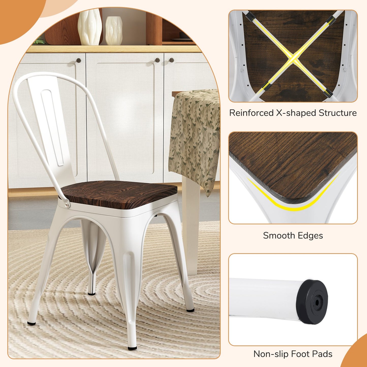 Metal Dining Chairs Set of 4 Stackable Kitchen Side Chairs with Wood Seat and Detachable High Backrest, White Dining Chairs at Gallery Canada