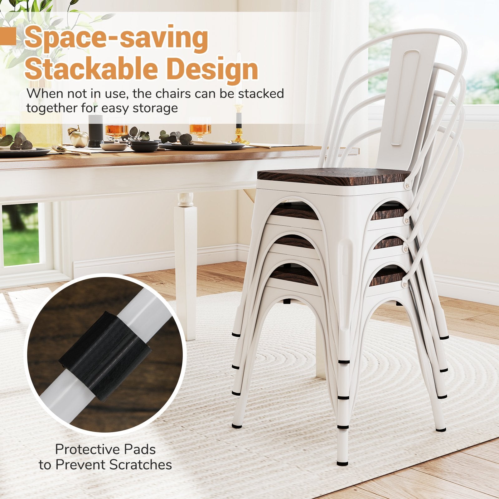 Metal Dining Chairs Set of 4 Stackable Kitchen Side Chairs with Wood Seat and Detachable High Backrest, White Dining Chairs at Gallery Canada