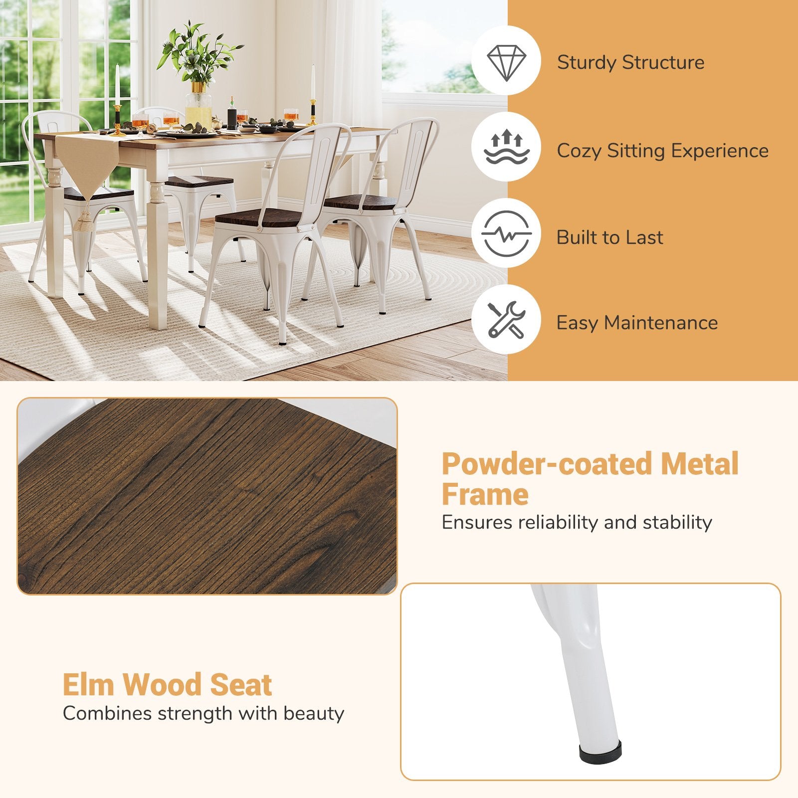 Metal Dining Chairs Set of 4 Stackable Kitchen Side Chairs with Wood Seat and Detachable High Backrest, White Dining Chairs at Gallery Canada