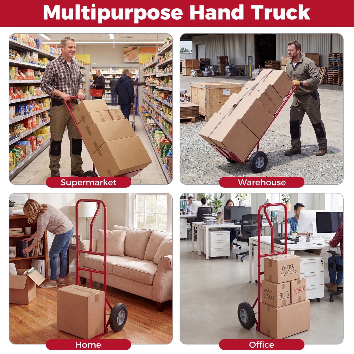 Metal Hand Truck, Heavy-Duty 600 LBS, 10inch Rubber Wheels, Red Garages at Gallery Canada