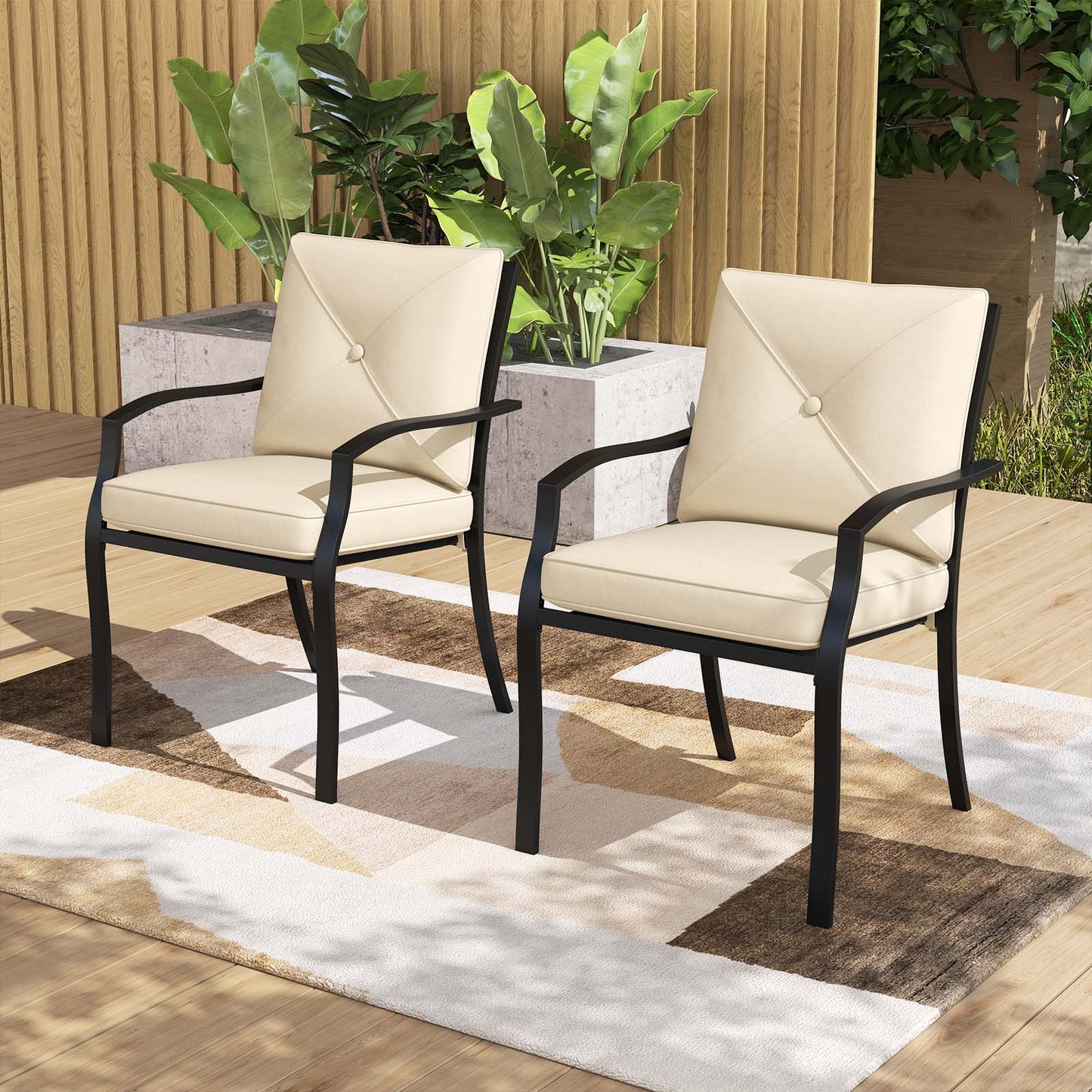 Metal Outdoor Dining Chair Set of 2 Stackable Patio Chairs with Armrests, Beige Patio Dining Chairs at Gallery Canada