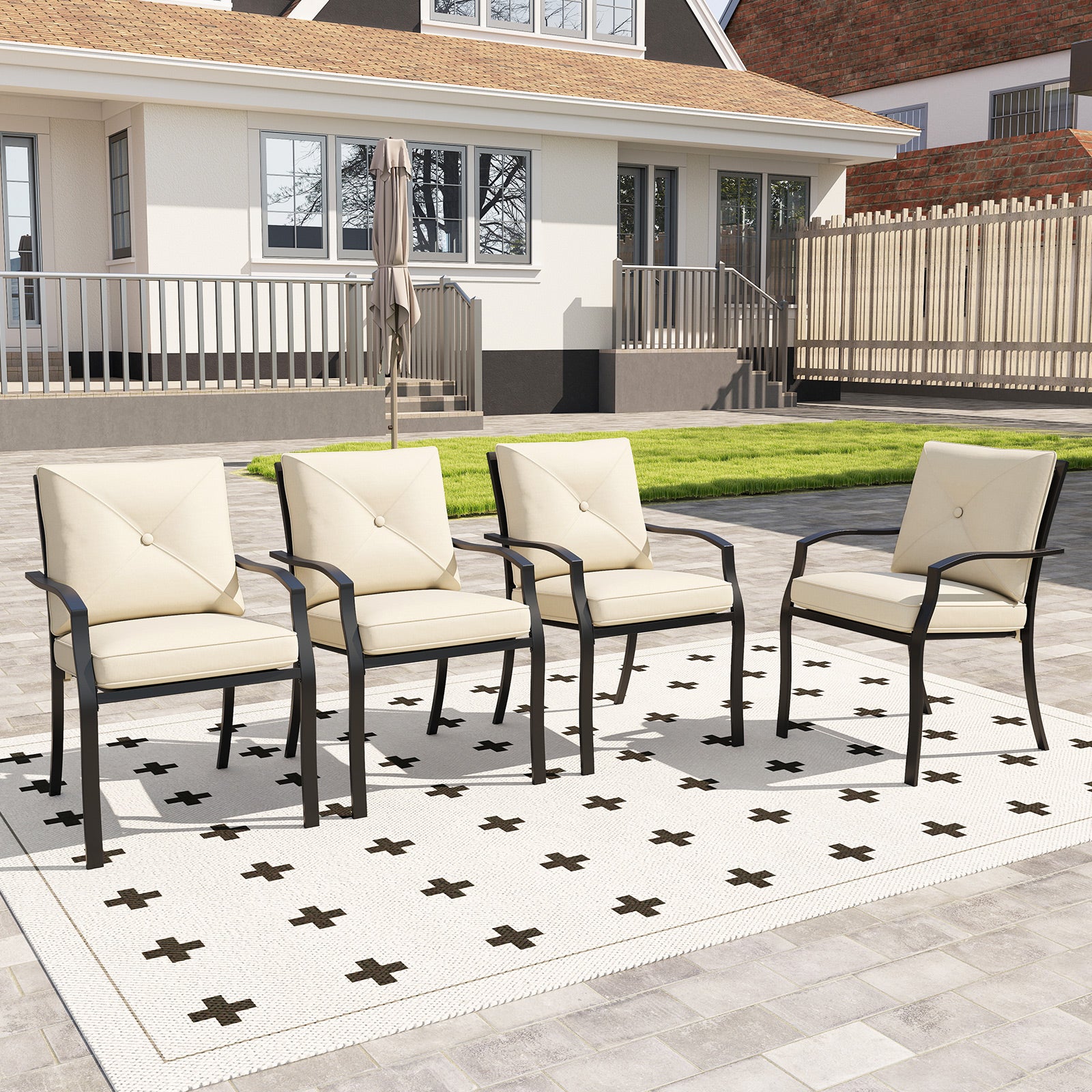 Metal Outdoor Dining Chair Set of 2 Stackable Patio Chairs with Armrests, Beige Patio Dining Chairs at Gallery Canada