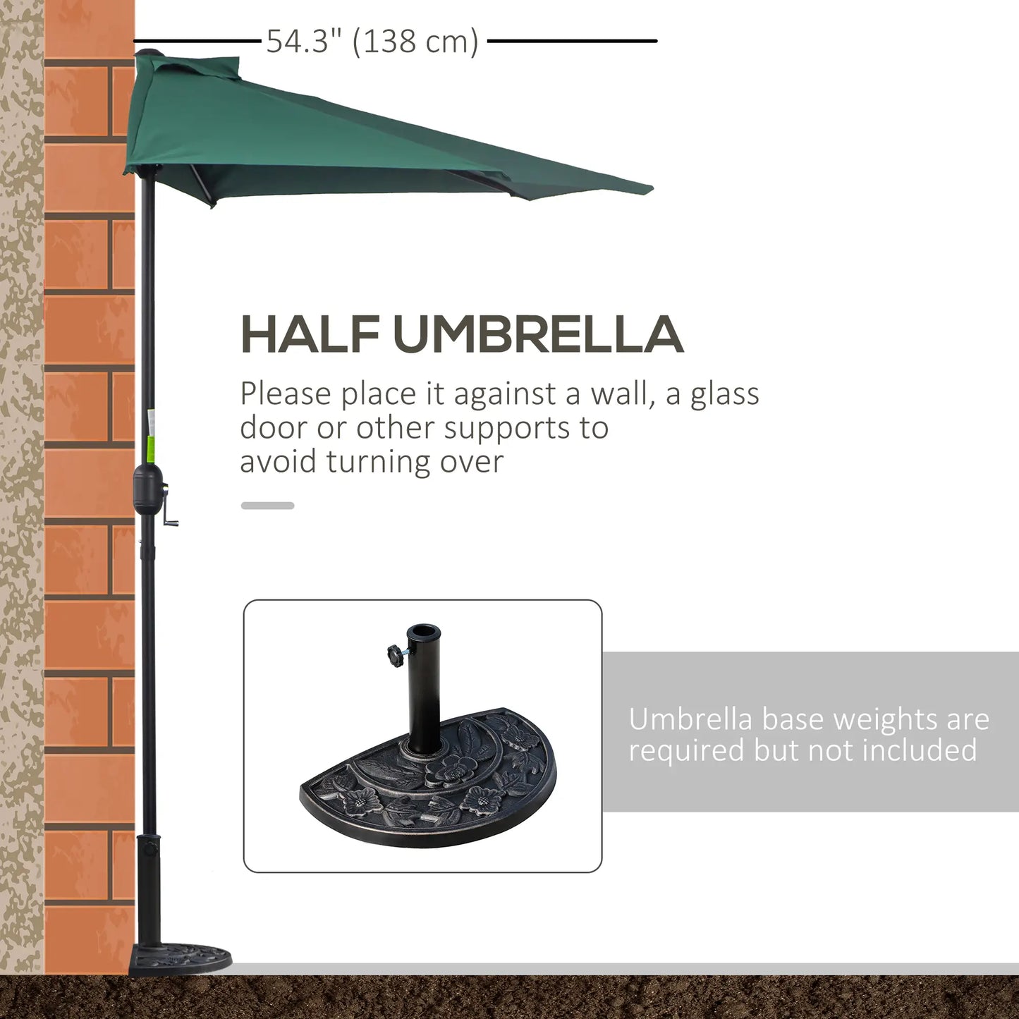 9ft Half Round Umbrella, 5 Ribs, Patio Garden Sun Shade, Dark Green Sun Umbrellas at Gallery Canada