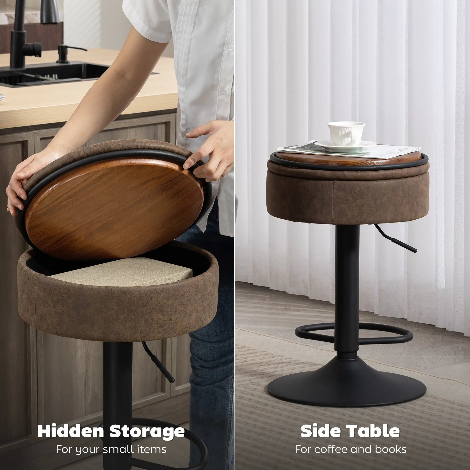 Set of 2 Barstools with Storage, Swivel, PU Leather, Footrest, Steel Base, Brown Bar Stools at Gallery Canada