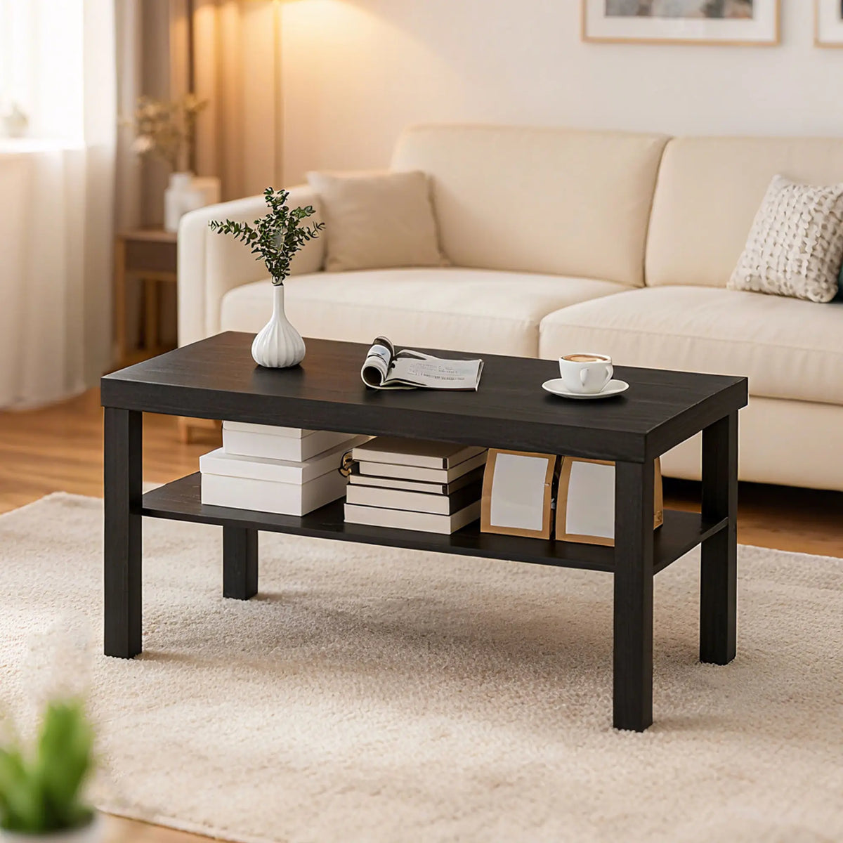 2 Tier Coffee Table, Rectangular Center Table with Storage Shelf, Black Coffee Tables at Gallery Canada