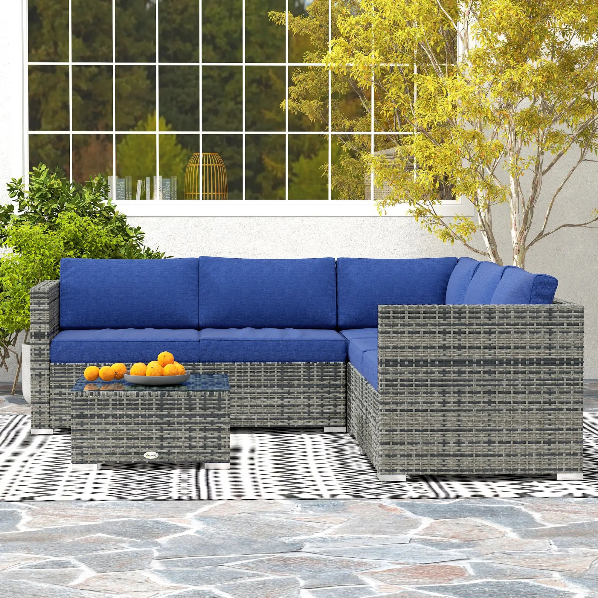 4pc Rattan Wicker Outdoor Furniture Set, Corner Sofa Loveseats Coffee Table, Navy Blue Patio Furniture Sets at Gallery Canada