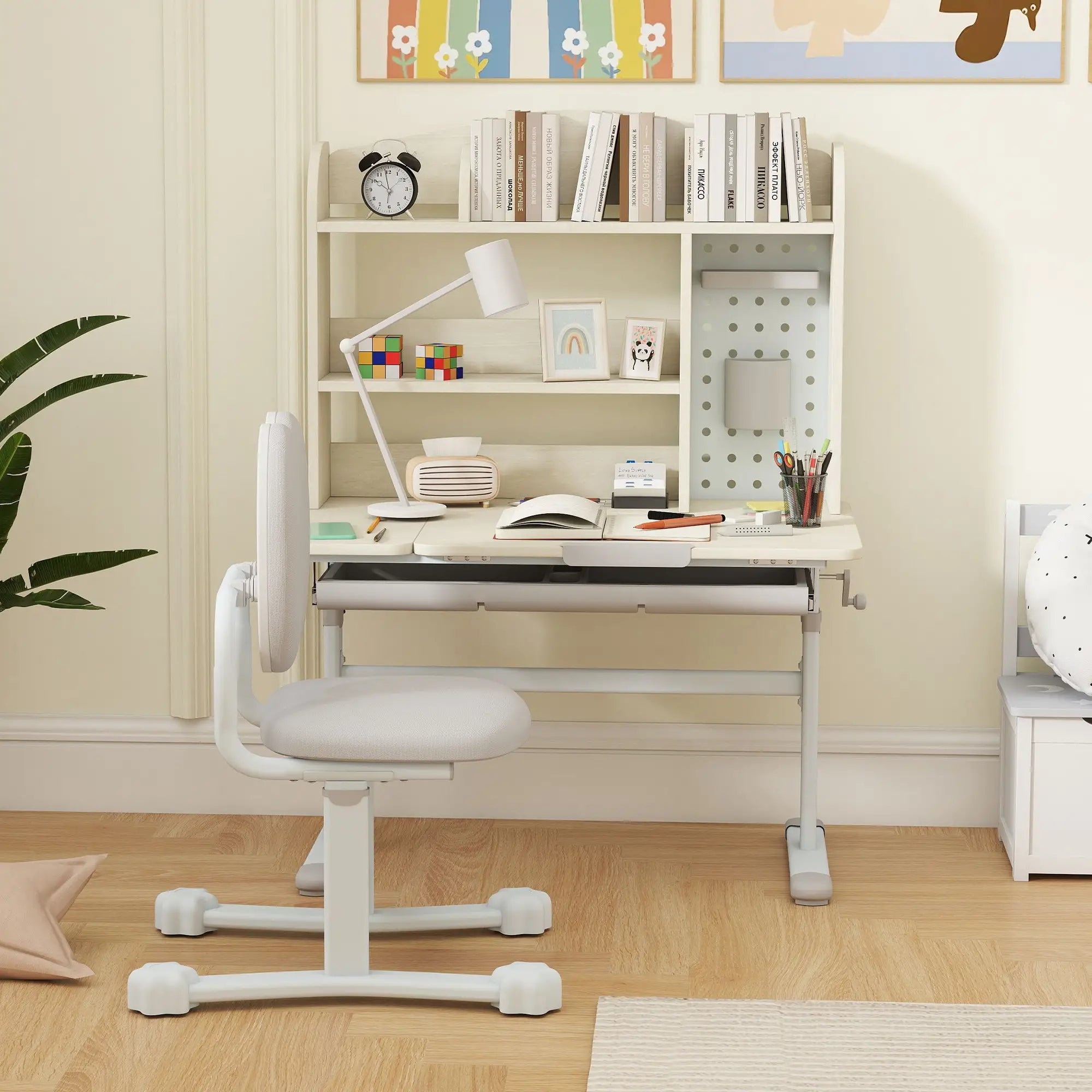 Kids Desk Chair Set, Adjustable Height, Tilting Desktop, Drawer Shelves, Grey Kids Desk Sets at Gallery Canada