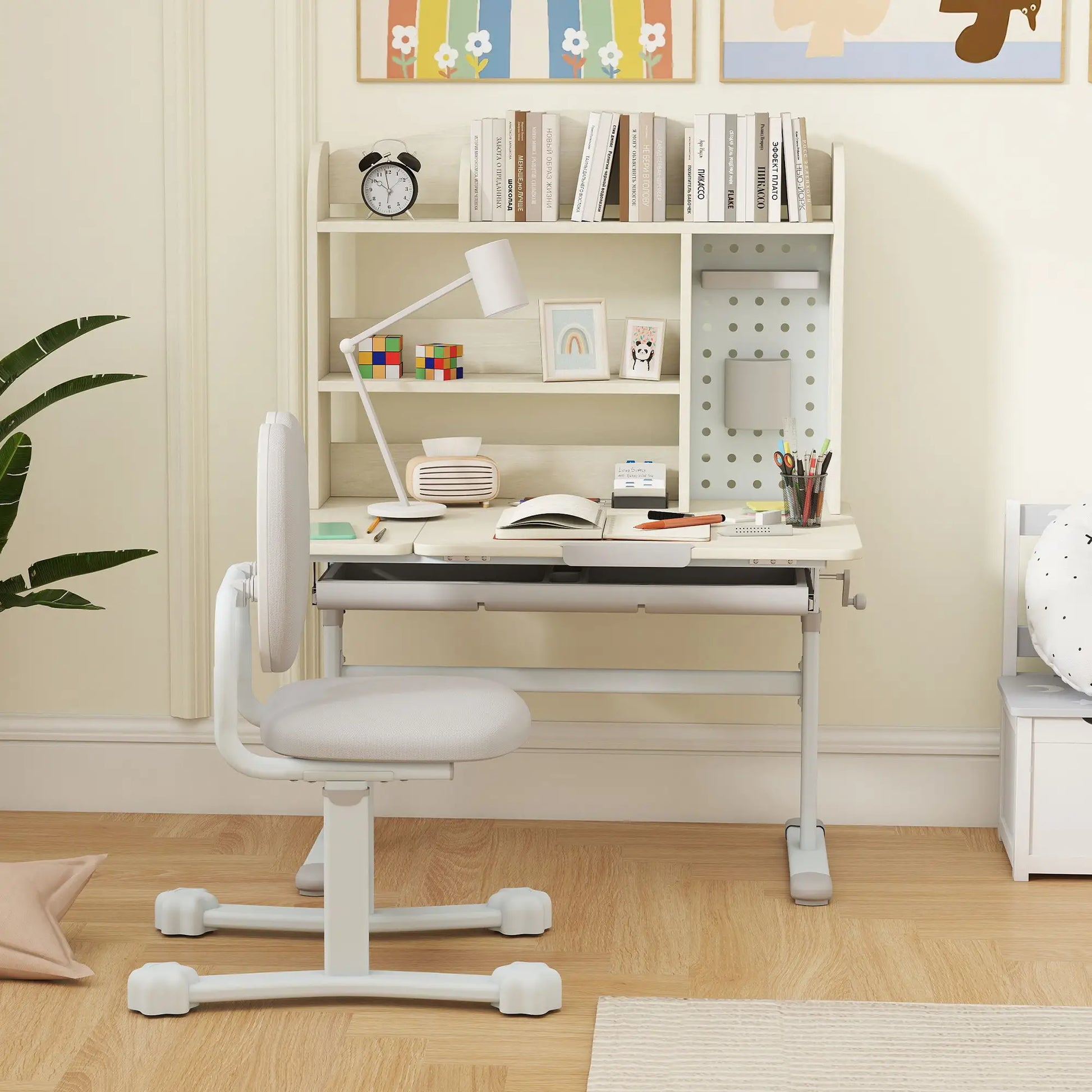 Kids Desk Chair Set, Adjustable Height, Tilting Desktop, Drawer Shelves, Grey Kids Desk Sets at Gallery Canada