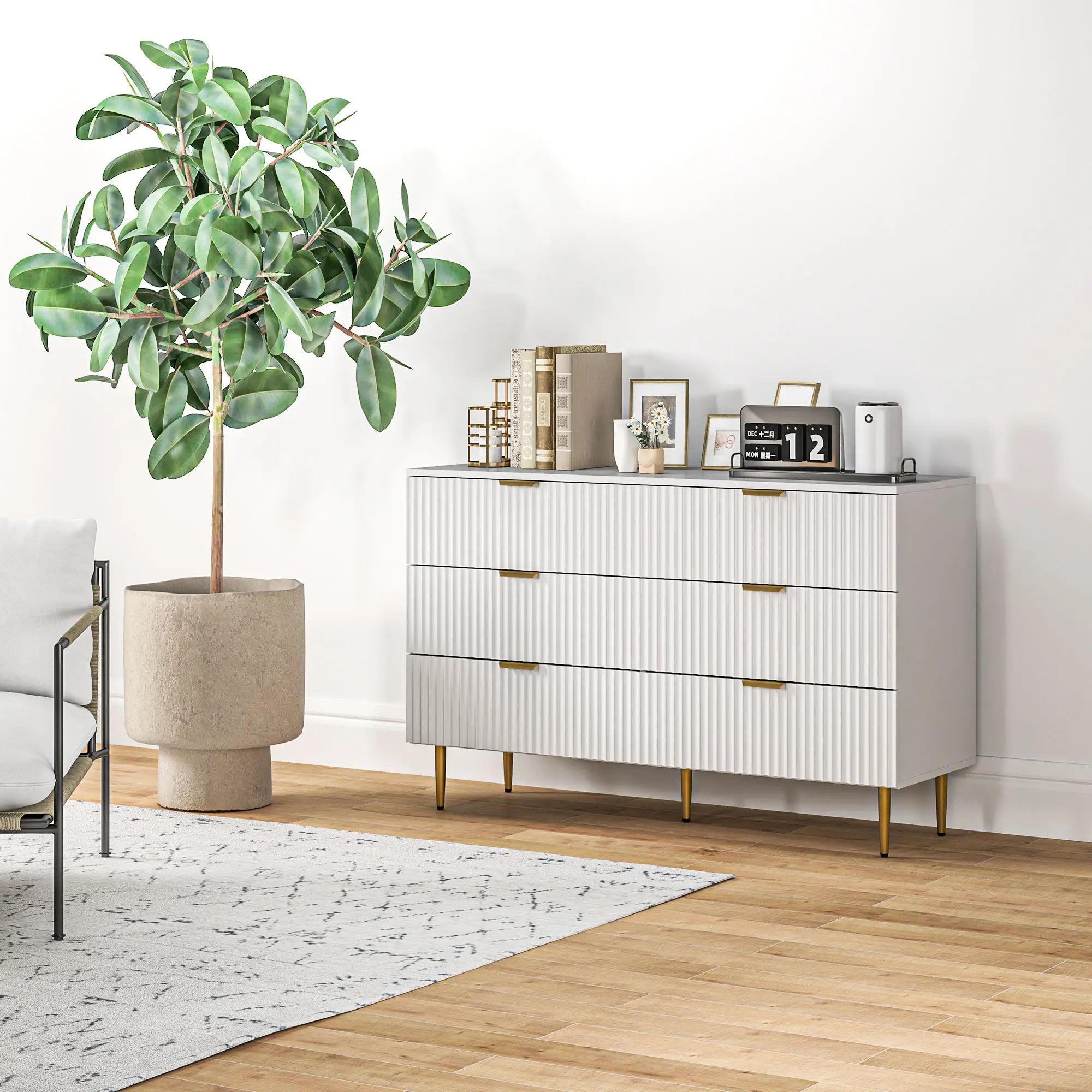 Modern 6 Drawer Dresser, Gold Legs and Handles, White Storage Cabinets at Gallery Canada