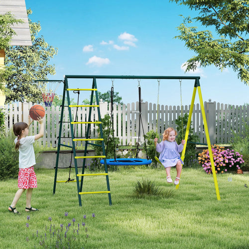 4 in 1 Swing Set, Saucer Swing, Seat, Ladder, Basketball Hoop, 3-8 Years, Yellow