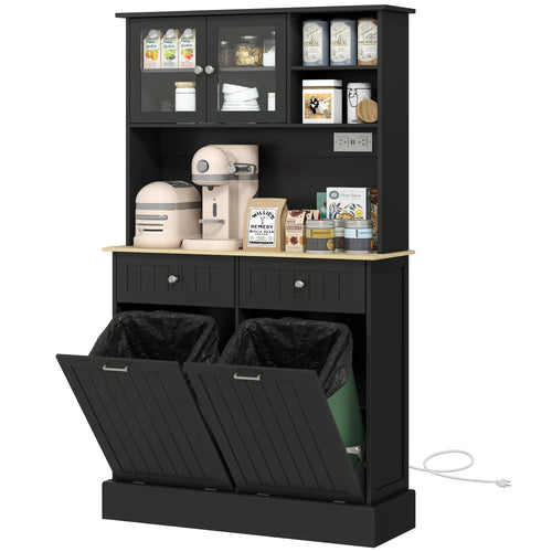 Kitchen Cabinet with Charging Station, 2 Tilt Out Cabinets, Microwave Stand, Black