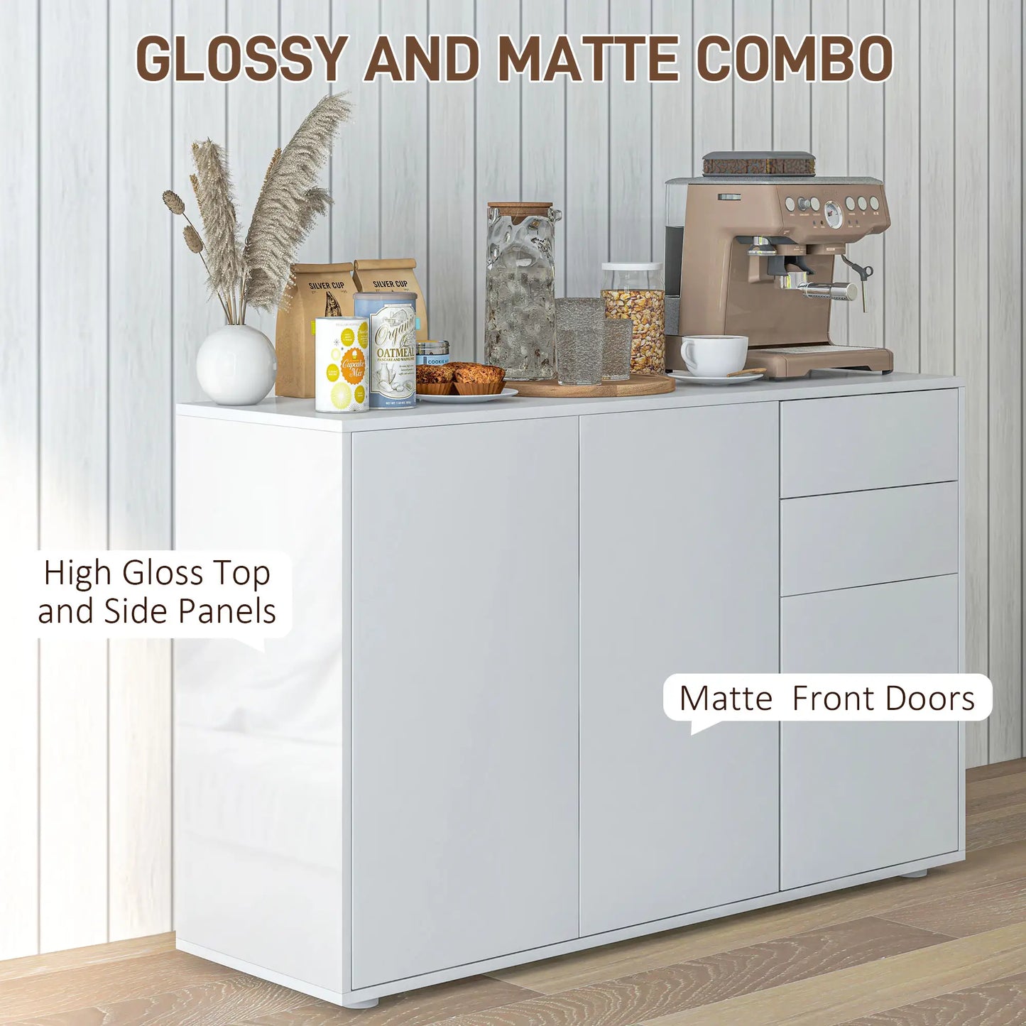 Modern Kitchen Sideboard, Coffee Bar with 2 Drawers, White Kitchen Pantry Cabinets at Gallery Canada