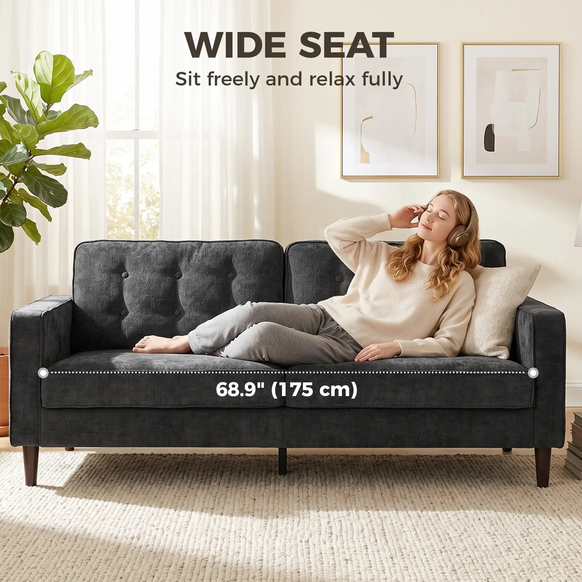 3 Seater Sofa Upholstered with Padded Cushion Modern Button Tufted Couch with Wood Legs, Dark Grey 3-Seater Sofas at Gallery Canada
