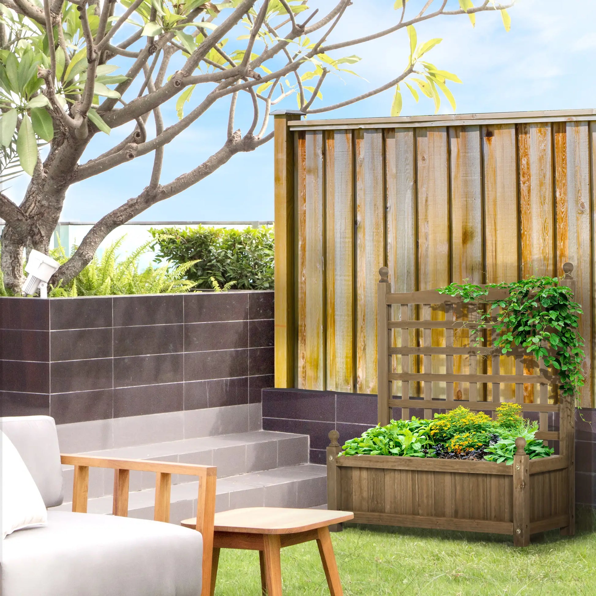 Wood Raised Garden Bed Planter with Trellis, Indoor Outdoor, Coffee Wooden Planter Boxes at Gallery Canada