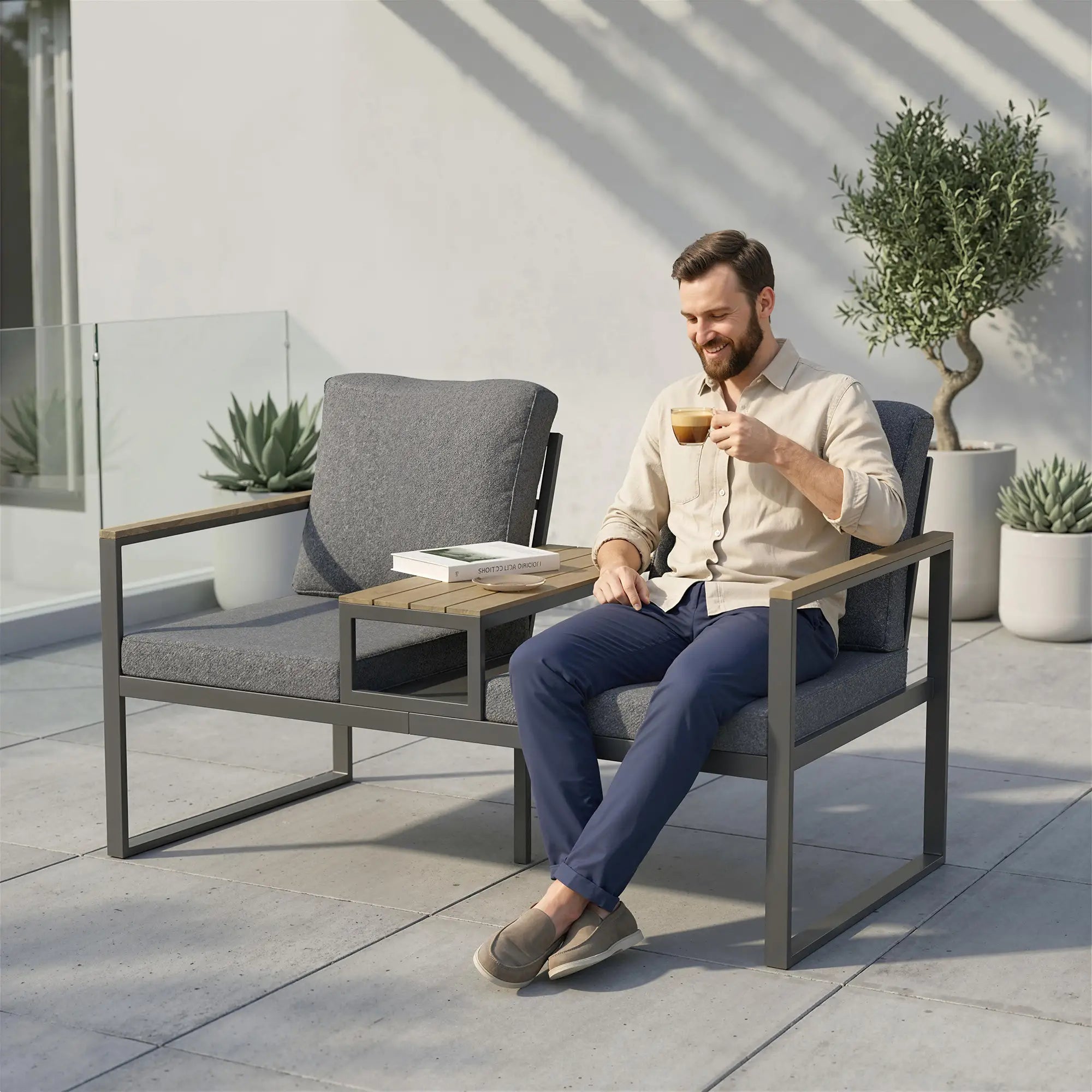 Outdoor Garden Bench With Integrated Table, 2 Seater Patio Loveseat, 136 cm, Grey Outdoor Benches at Gallery Canada