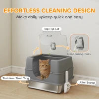 Stainless Steel Cat Litter Box with Lid, High Sided, Scoop