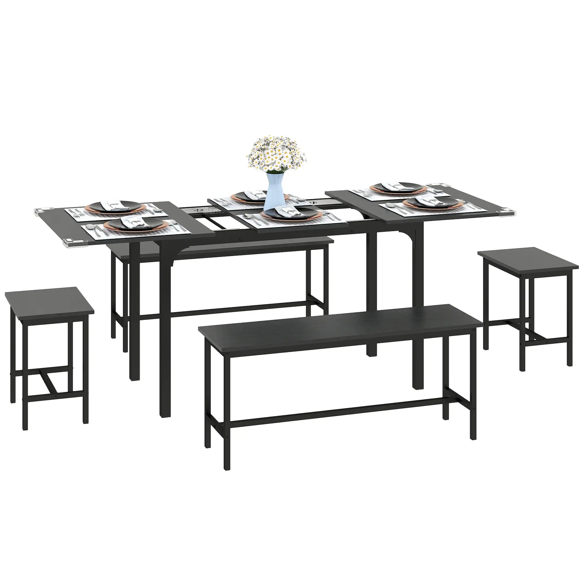 Extendable Dining Table Set, 5-Piece for 4-6 with 2 Benches and 2 Stools, Black Dining Table Sets Black at Gallery Canada