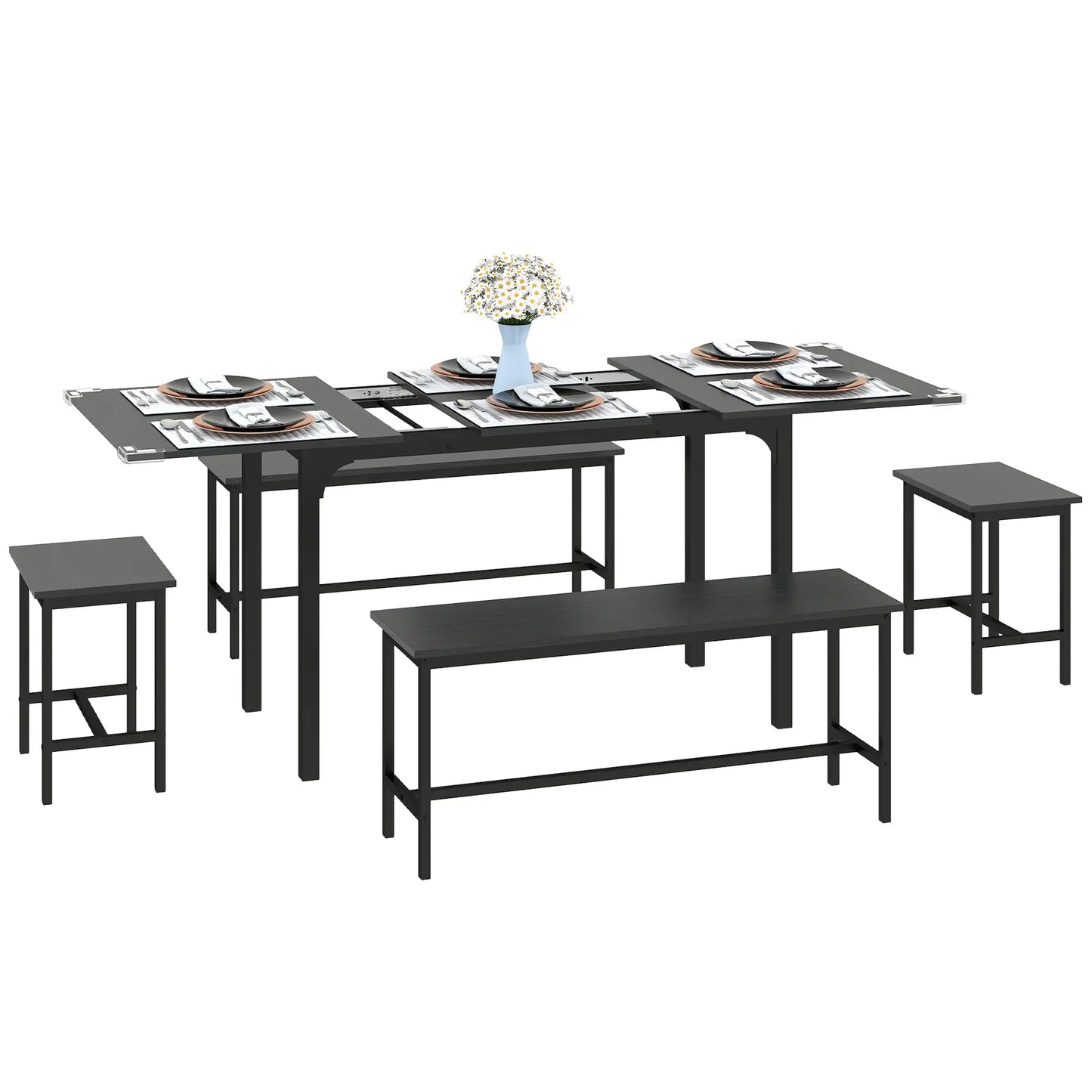 Extendable Dining Table Set, 5-Piece for 4-6 with 2 Benches and 2 Stools, Black Dining Table Sets Black at Gallery Canada