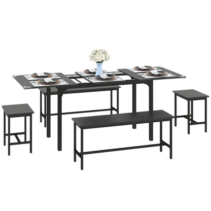 Extendable Dining Table Set, 5-Piece for 4-6 with 2 Benches and 2 Stools, Black Dining Table Sets Black at Gallery Canada