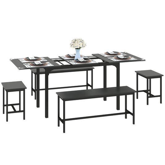 Extendable Dining Table Set, 5-Piece for 4-6 with 2 Benches and 2 Stools, Black Dining Table Sets Black at Gallery Canada