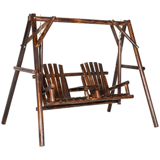 Wooden 2-Seat A-Frame Porch Swing, Rustic Patio Bench, Outdoor Furniture Patio Swings with Stand Carbonized Wood Color at Gallery Canada
