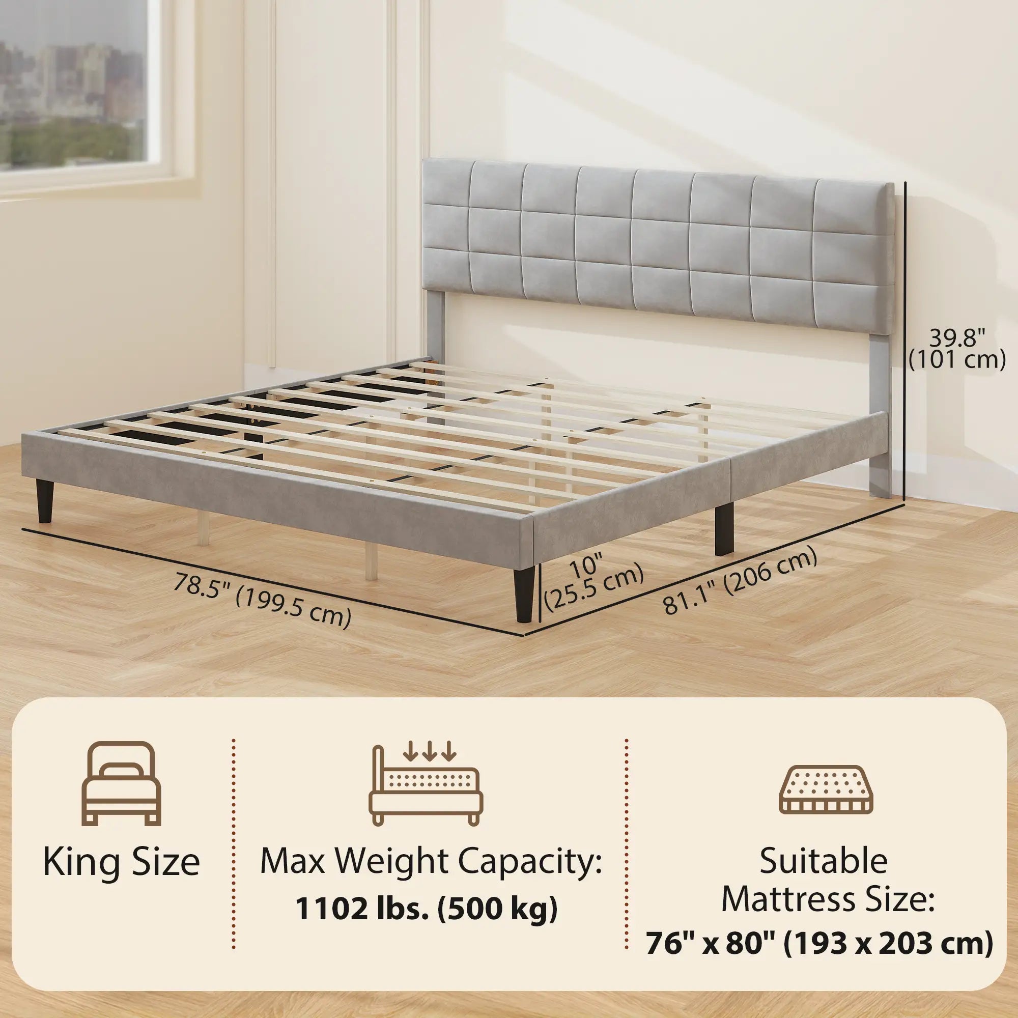 King Size Bed Frame, Upholstered Headboard, Wood Slats, 1100 lbs, Grey Bed Frames at Gallery Canada