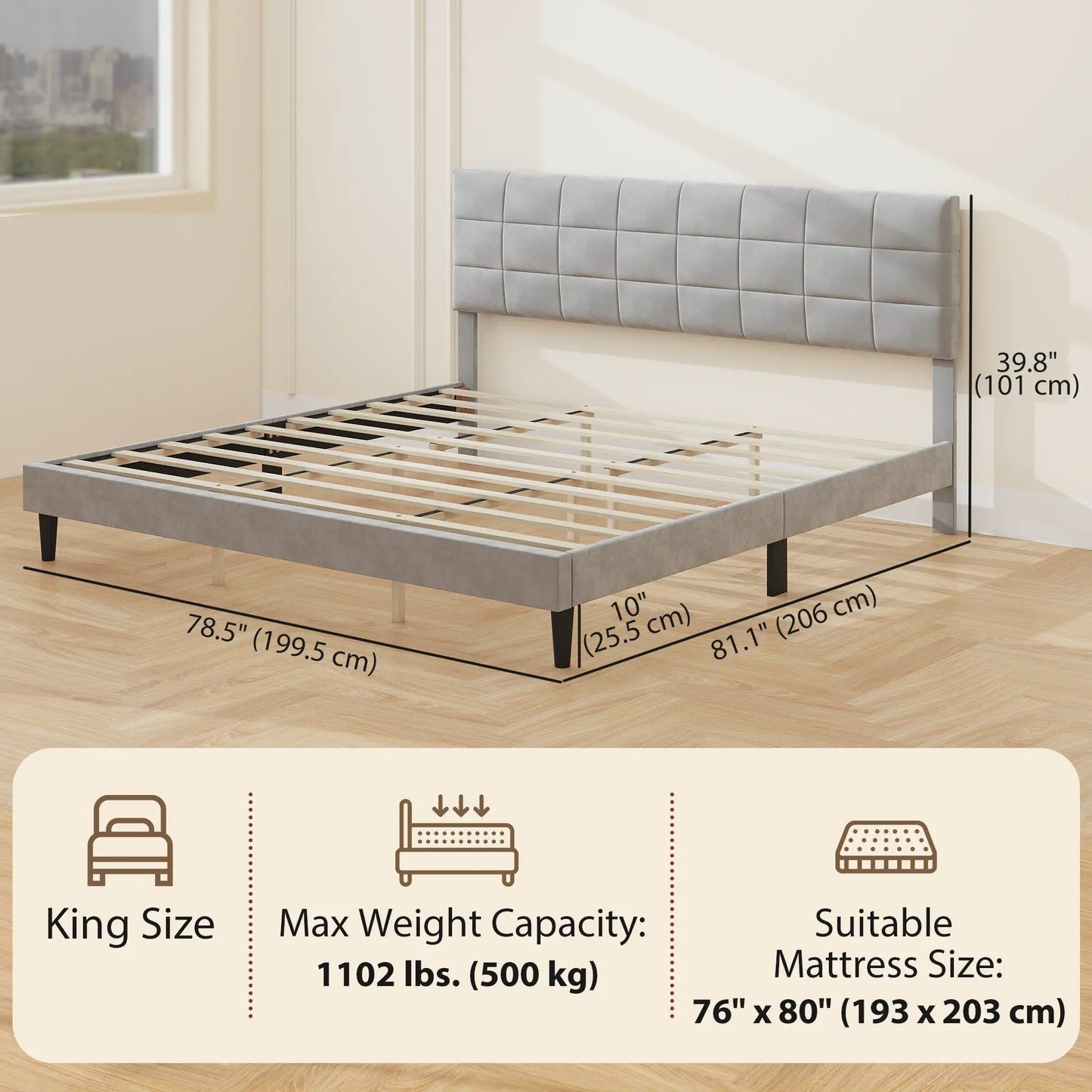 King Size Bed Frame, Upholstered Headboard, Wood Slats, 1100 lbs, Grey Bed Frames at Gallery Canada