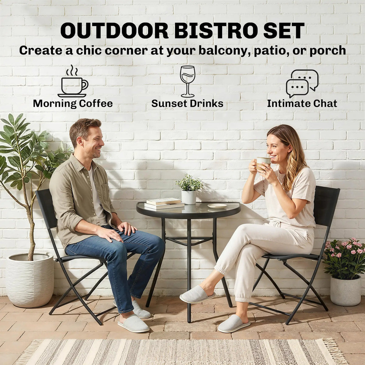 3-Piece Patio Bistro Set, Folding Chairs, Glass Table, Black Bistro Sets at Gallery Canada