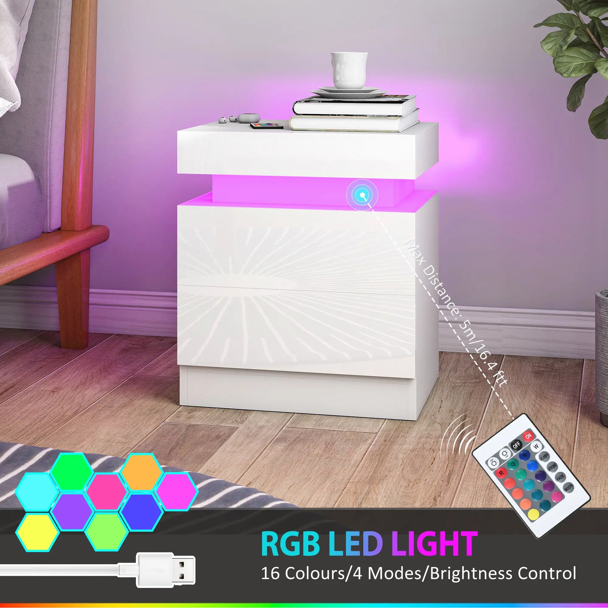 Nightstand Set of 2, LED Lights, 2 Drawers, White Bedside Tables at Gallery Canada