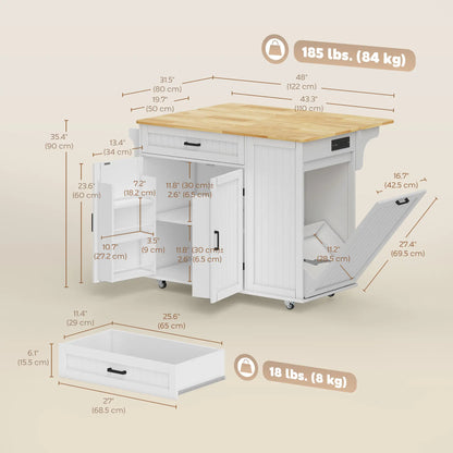Portable Kitchen Island Cart, Rubber Wood Drop Leaf, Trash Storage, White Kitchen Islands & Kitchen Carts at Gallery Canada