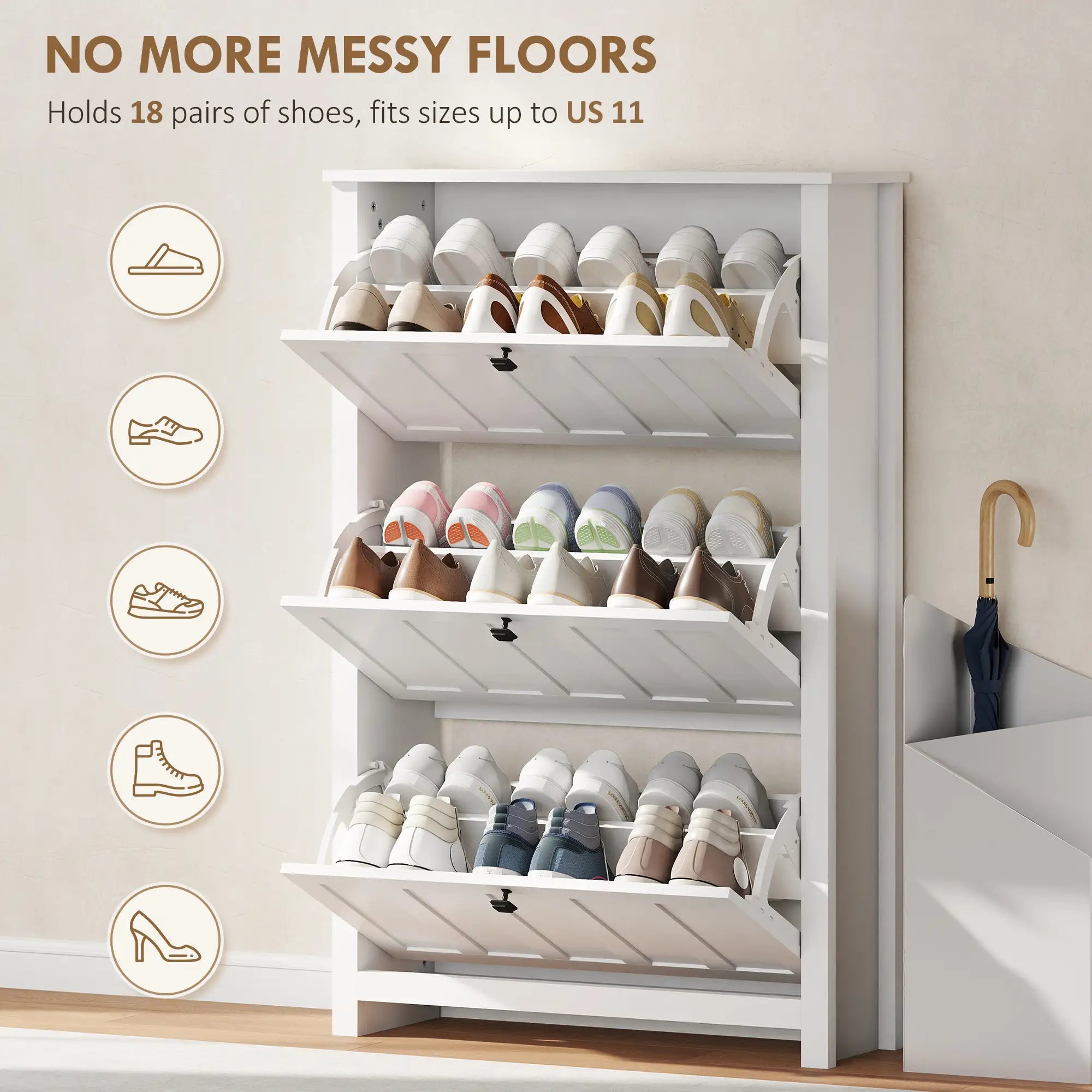 Slim Shoe Cabinet, 3 Flip Drawers, Adjustable Shelves, Holds 18 Pairs, White Shoe Storage Cabinets & Racks at Gallery Canada