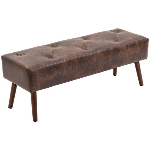 Bedroom Bench, End of Bed Bench with Button Tufted Design, PU Leather Upholstered Entryway Bench with Wood Legs, Brown